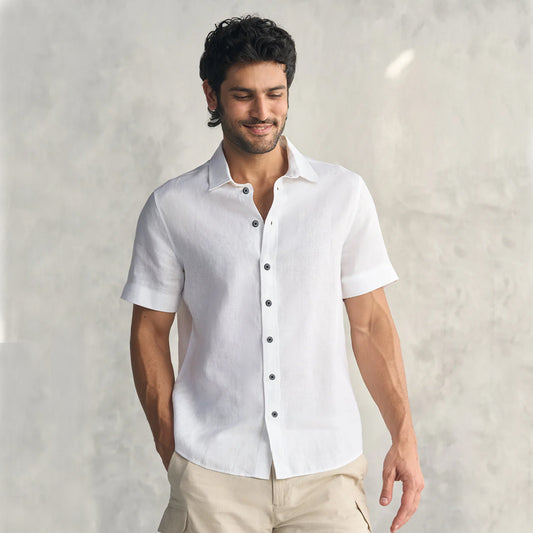 MEN'S WHITE SOLID HALF SLEEVES REGULAR FIT COTTON SHIRT