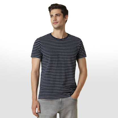 MEN STRIPE ROUND NECK REGULAR FIT COTTON T-SHIRT