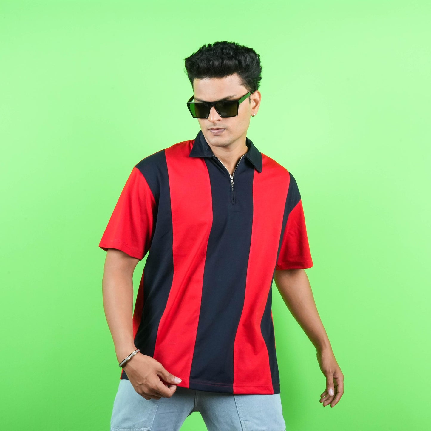 POLO (COLLAR) STRIPE REGULAR FIT ZIP NECK T - SHIRT FOR MEN