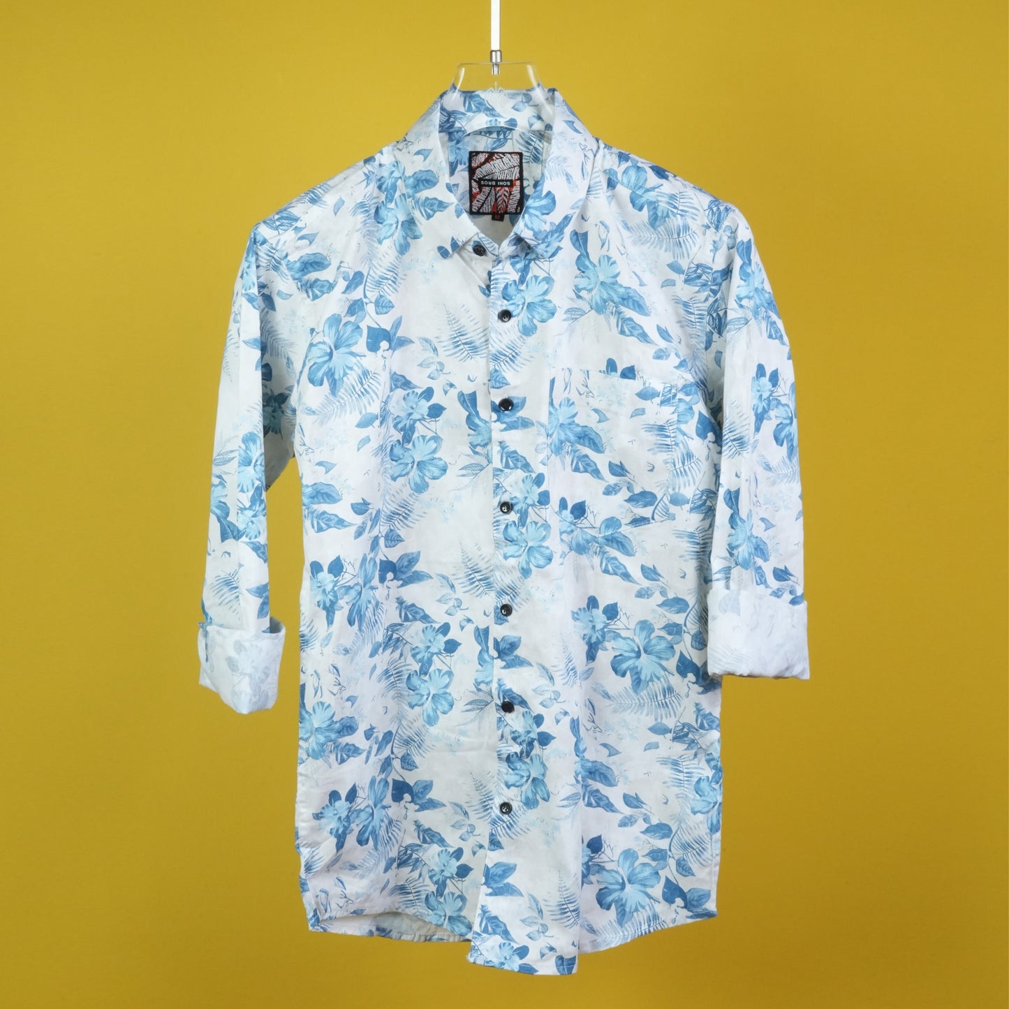 MEN'S ALL OVER BLUE FLORAL PRINTED REGULAR FIT COTTON SHIRT