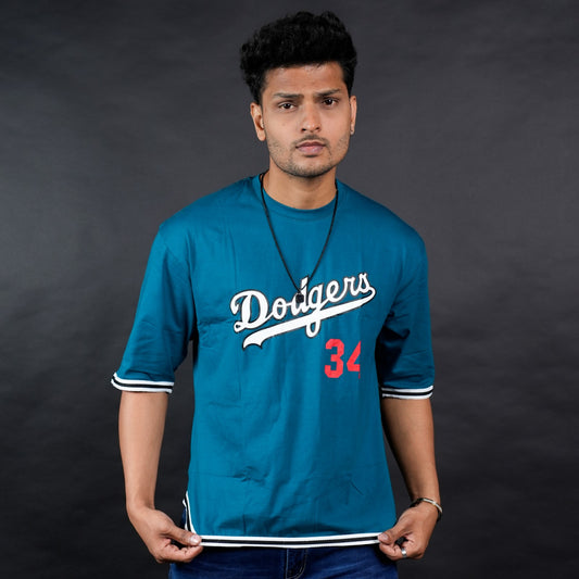 Blue Color Half Sleeve T-Shirt with Dodgers 34 Word Print ( AVAILABLE IN L SIZE )