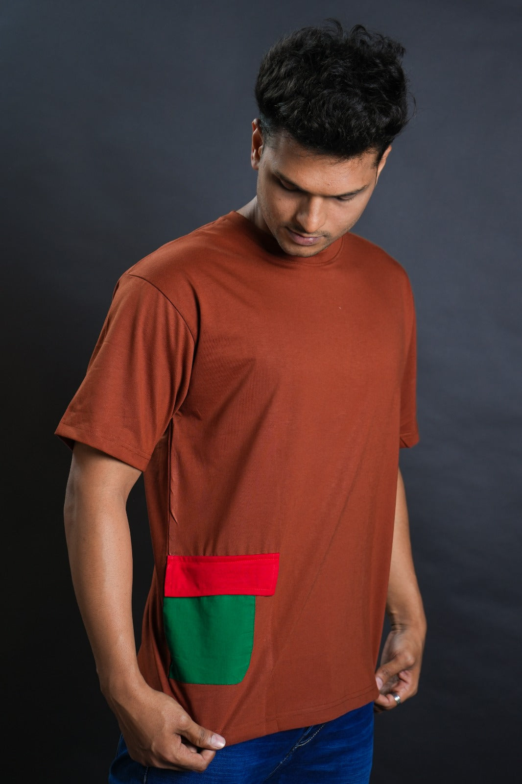Brown Comfort: Regular Fit T-Shirt with Convenient Lower Right Hand Pocket ( AVAILABLE IN XL SIZE )
