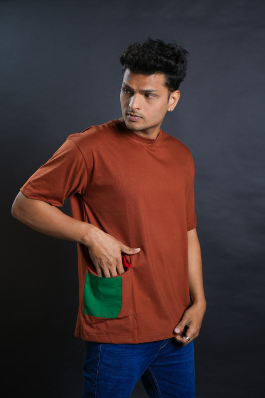 Brown Comfort: Regular Fit T-Shirt with Convenient Lower Right Hand Pocket ( AVAILABLE IN XL SIZE )