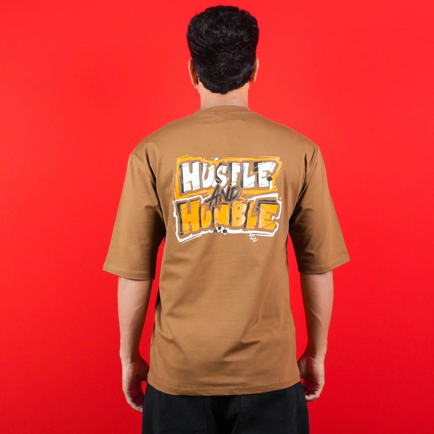 HUSTLE & HUMBLE MONKEY FRONT & BACK PRINT CASUAL COTTON T - SHIRT