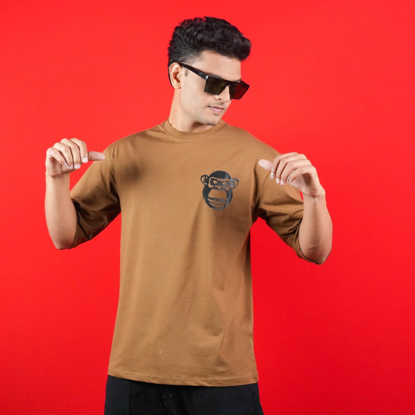 HUSTLE & HUMBLE MONKEY FRONT & BACK PRINT CASUAL COTTON T - SHIRT